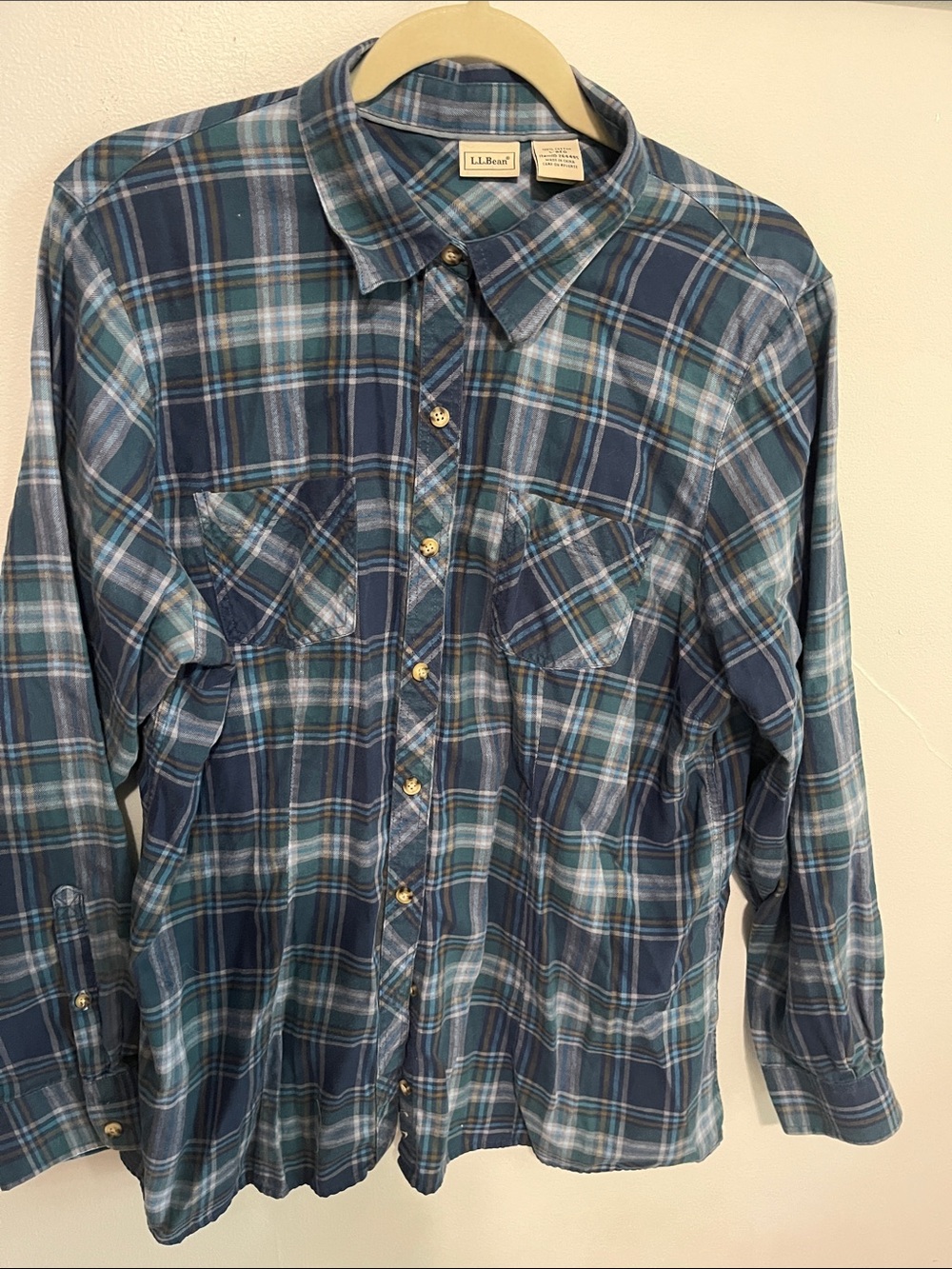 L.L. Bean Navy and Teal Plaid Long-Sleeve Button-Down Shirt